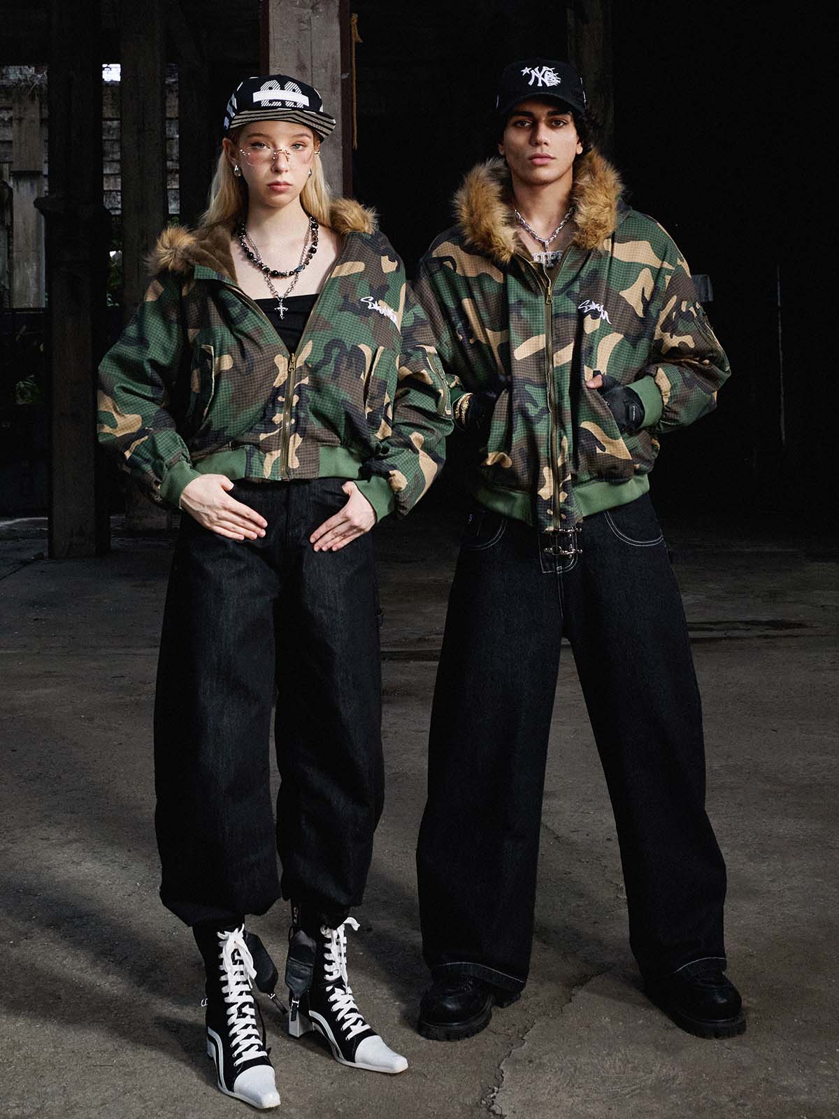 Camouflage Fur Collar Reversible Cotton Jacket - 2499