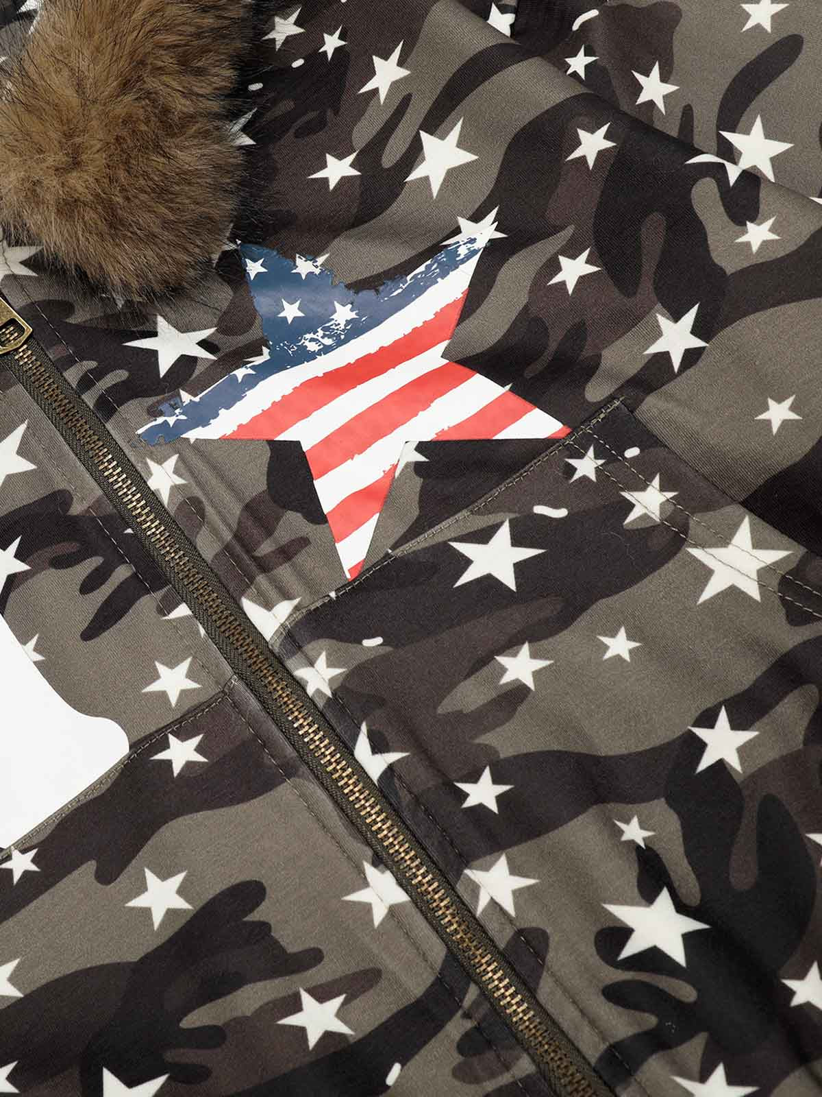Camo Star Print Faux Fur Cropped Zip-Up Hoodie