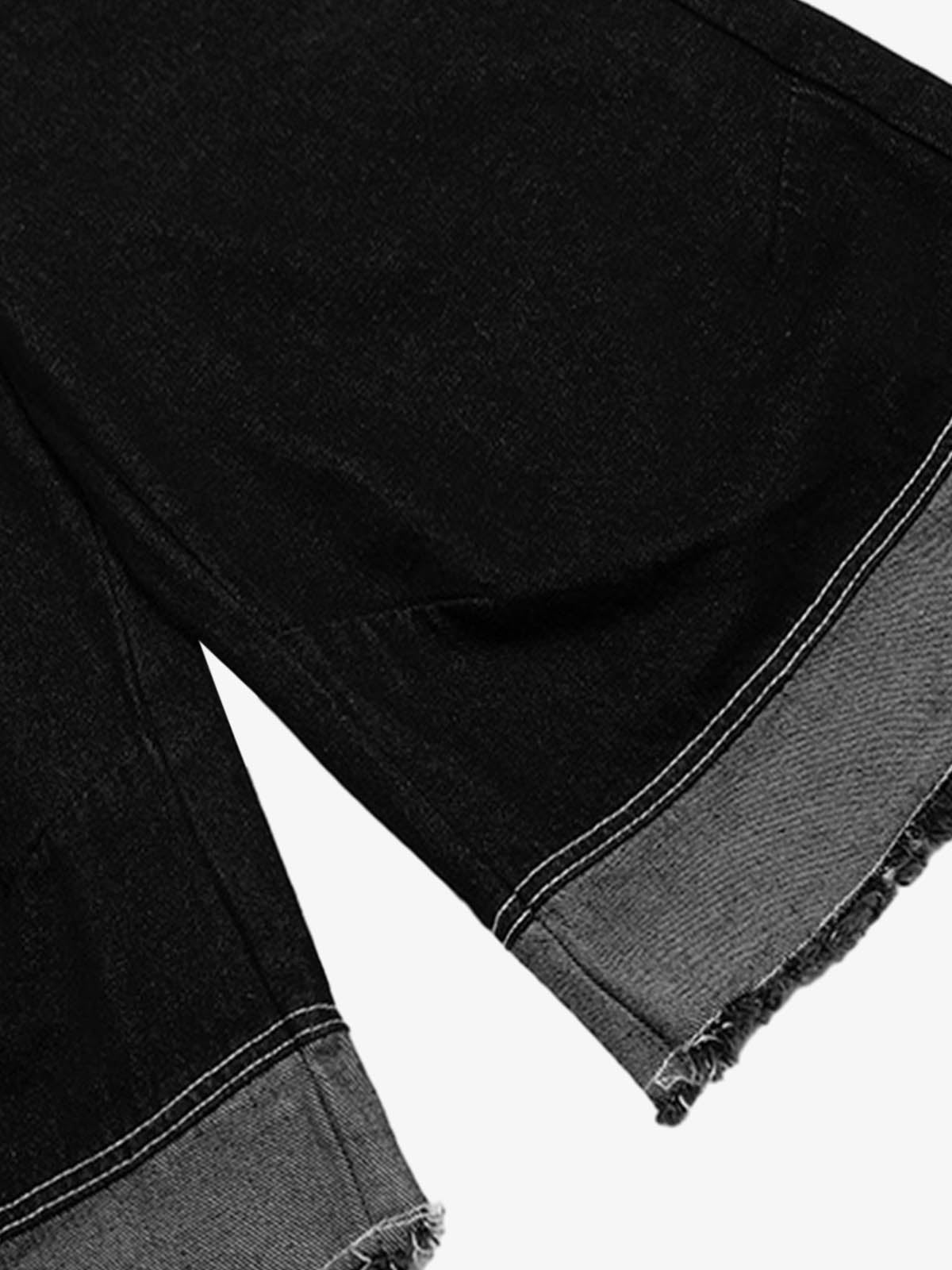 Retro Black Multi-pocket Exposed Raw Edge Cropped Jeans 