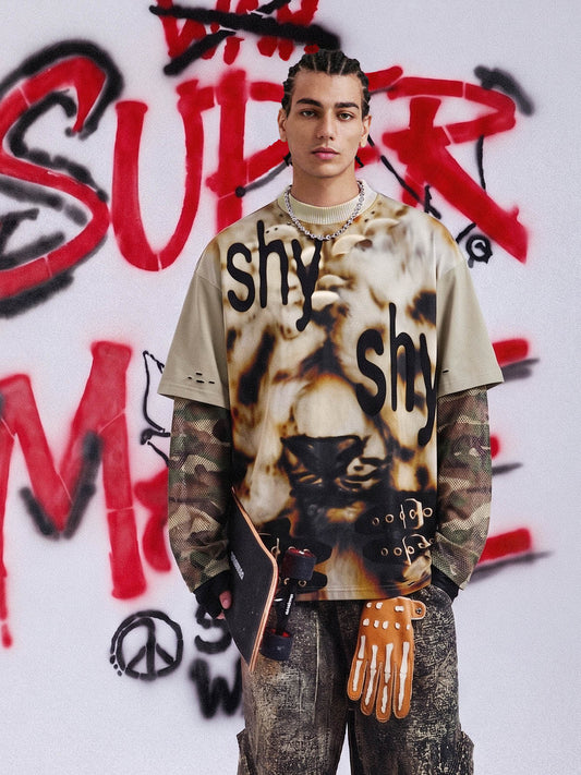 Grunge Graphic Fake Layer Camo Sleeve T-Shirt