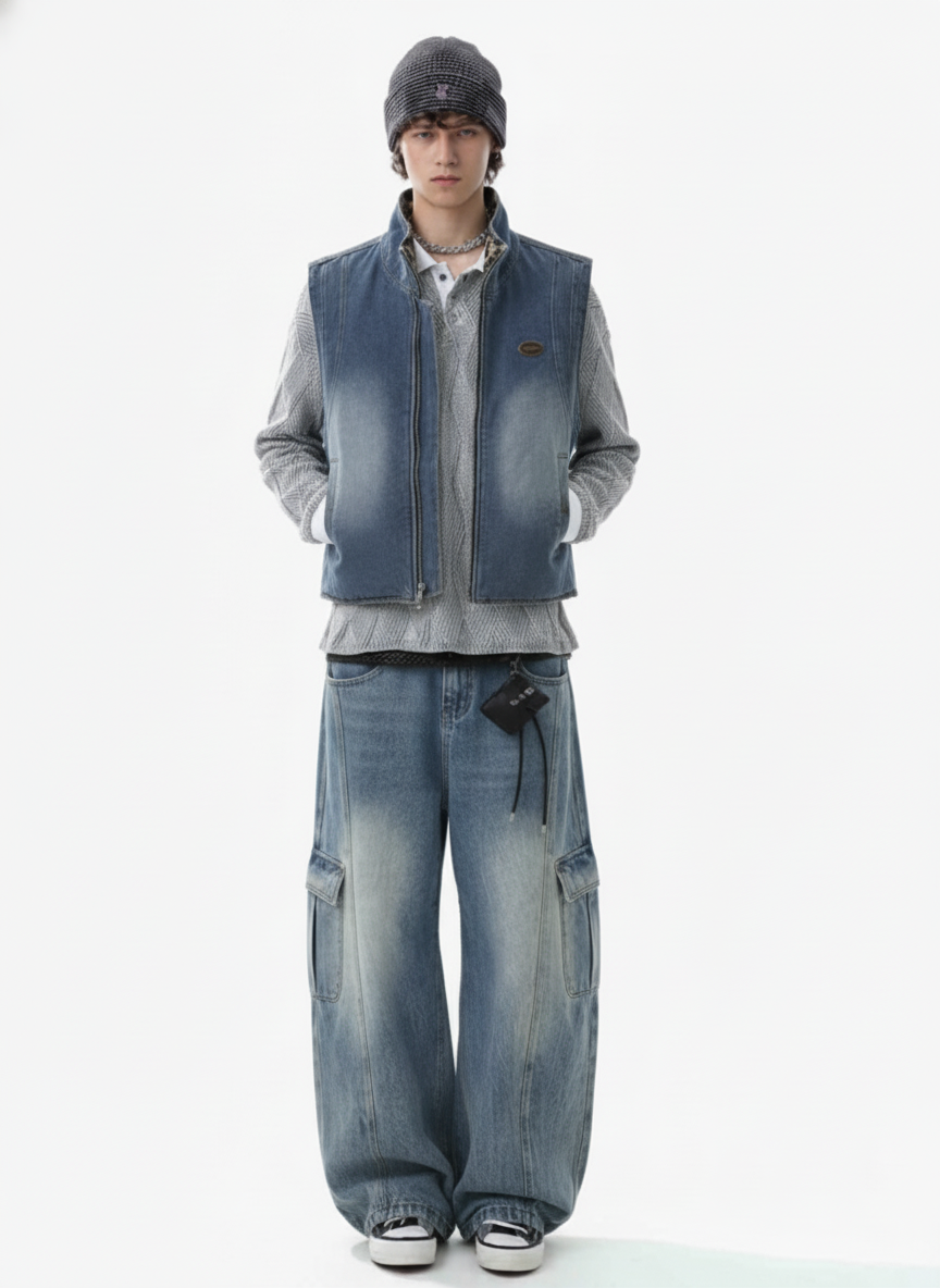 Retro Leopard Faux Fur Reversible Distressed Denim Vest 