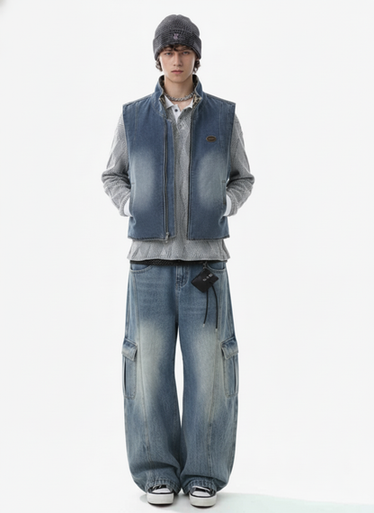 Retro Leopard Faux Fur Reversible Distressed Denim Vest 