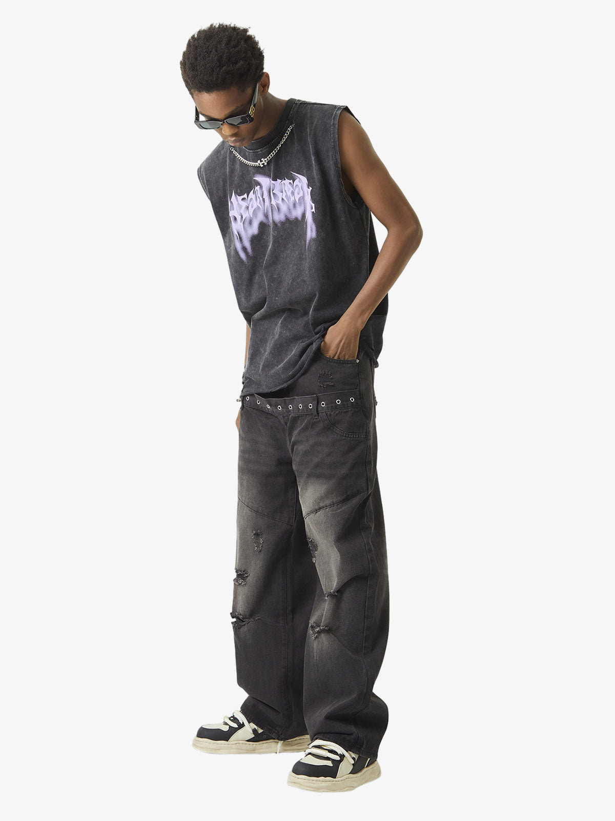 ThesupermadeVintage Metallic Phantom Letter Distressed Washed Vest - 2060 