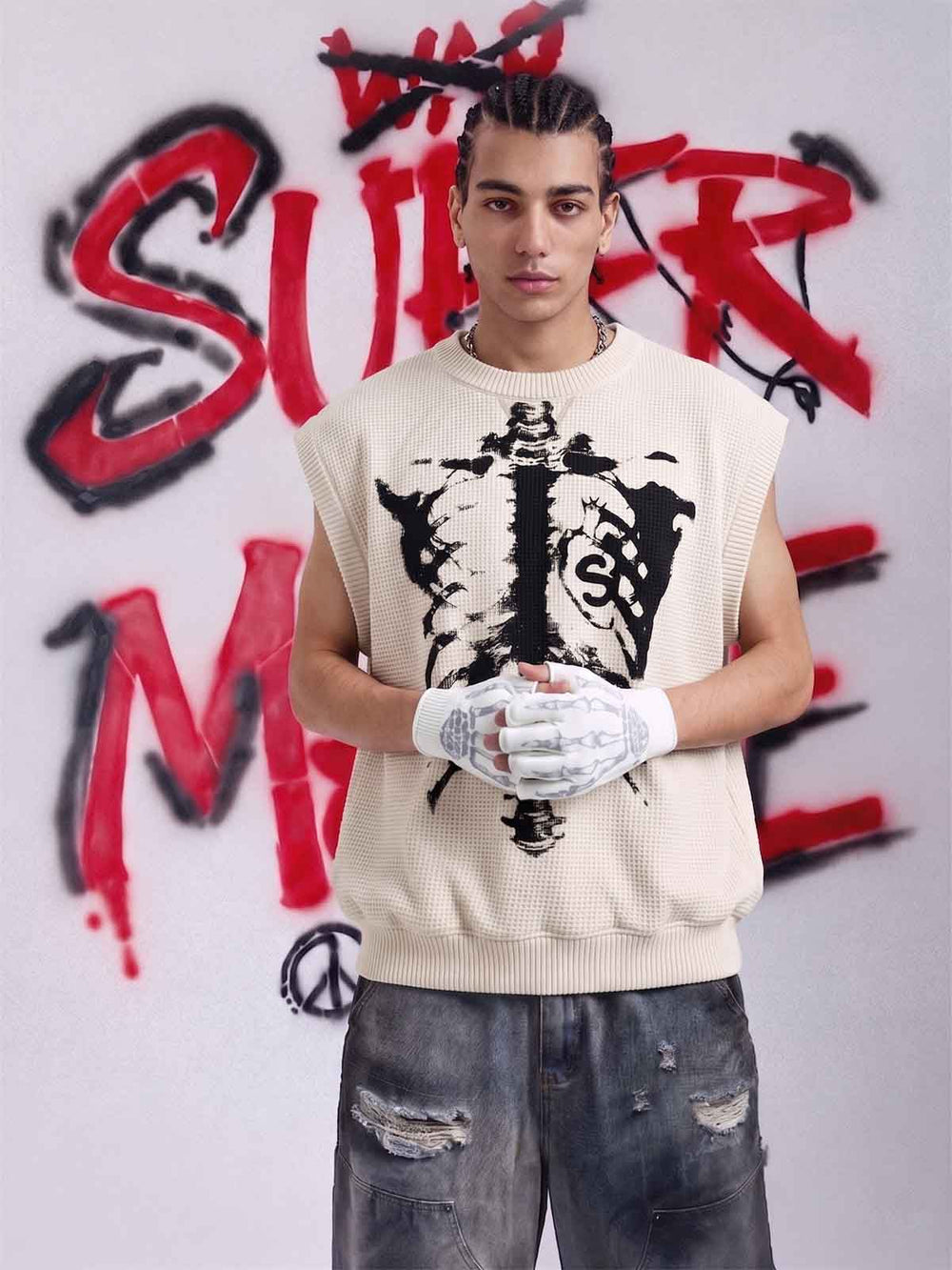 Vintage Skeleton Graphic Waffle Knit Sleeveless Vest 