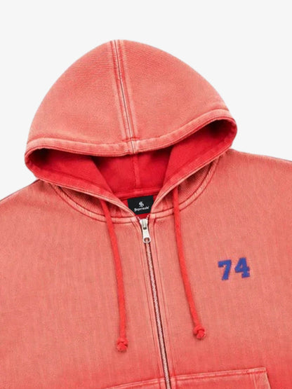 Red Ombré Washed Waffle Zip-Up Hoodie