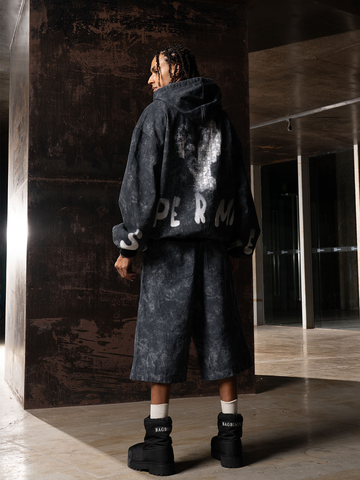 Oversized Denim Hoodie And Shorts Set For Urban Streetwear 