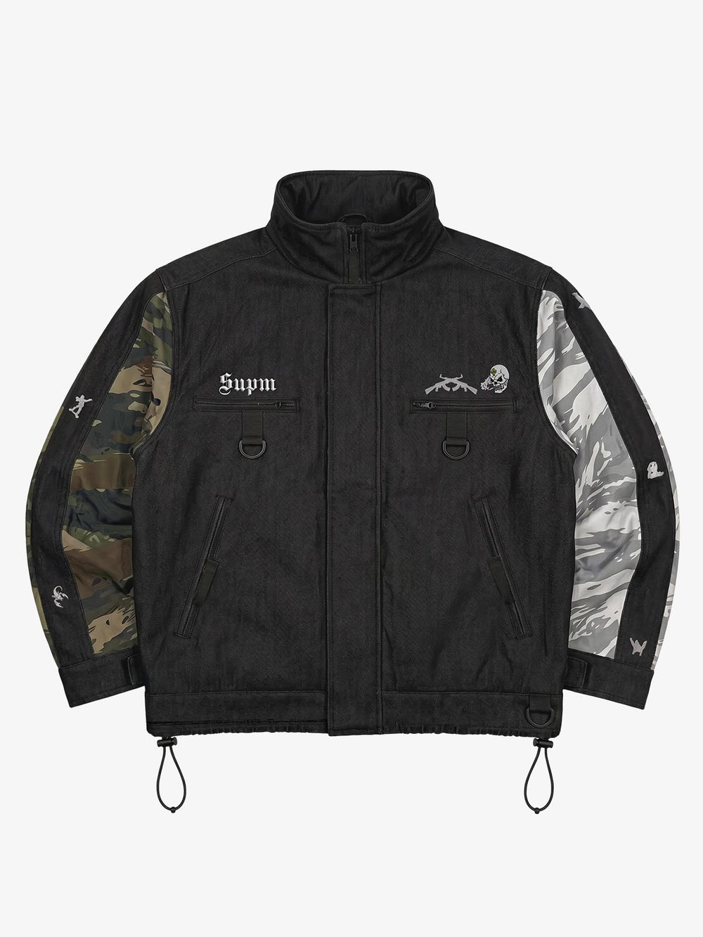 Dual Camo Paneled Raw-Denim Graphic Shell Jacket