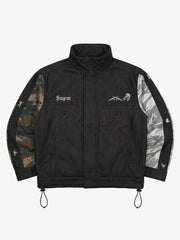 Dual Camo Paneled Raw-Denim Graphic Shell Jacket