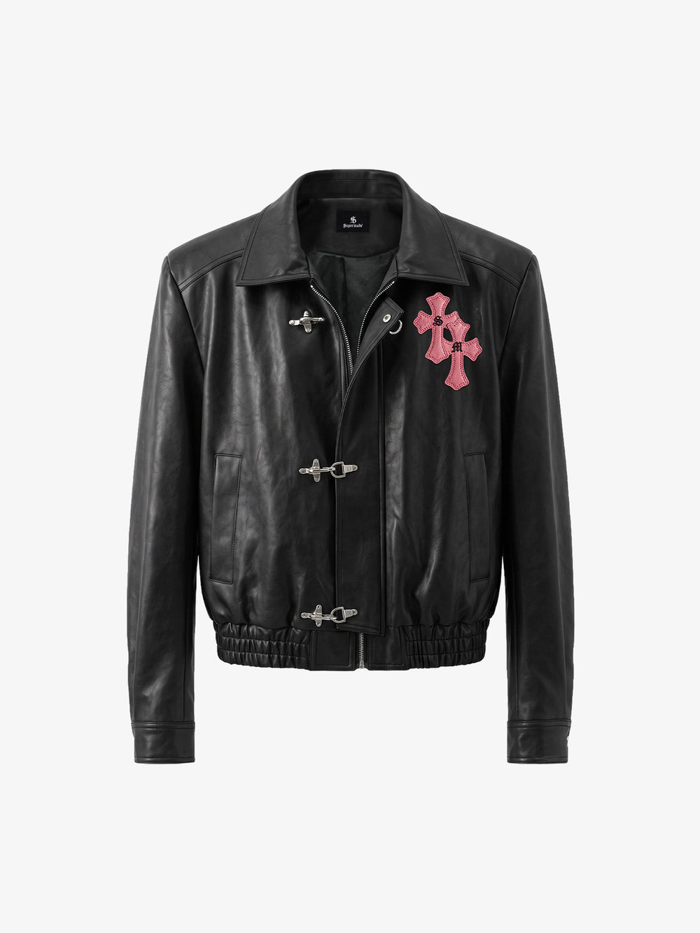 Cross Embroidered Color Block Cropped Biker Jacket