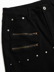 Studded Zip Faux-Fur Patchwork Flared Pants