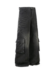 Washed Distressed Multi-Pocket Cargo Jeans 