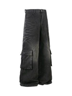 Washed Distressed Multi-Pocket Cargo Jeans 