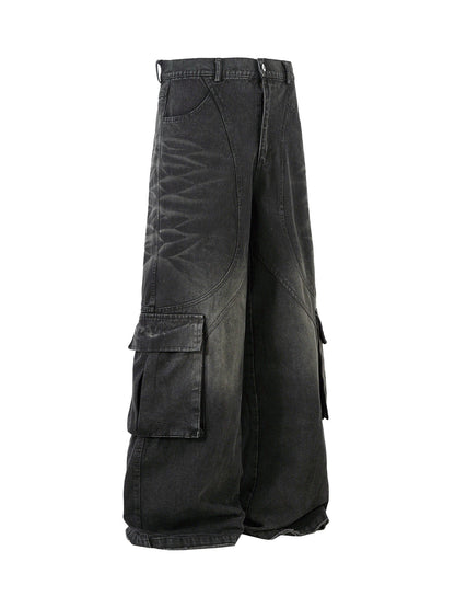 Washed Distressed Multi-Pocket Cargo Jeans 