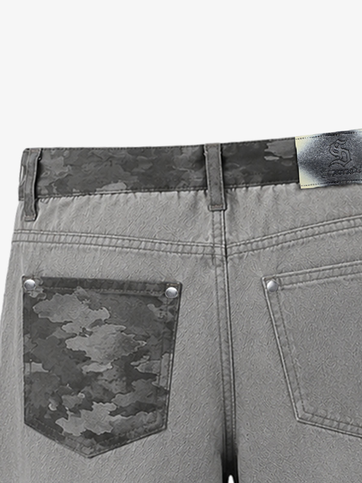 Light Grey Camo Wide-Leg Pants with Embroidered Detail