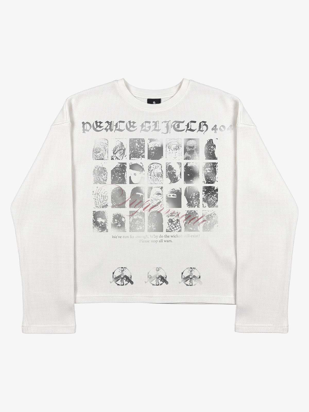 Anti-War Graphic Beaded Waffle Long Sleeve Tee