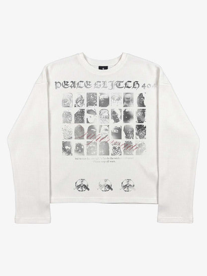 Anti-War Graphic Beaded Waffle Long Sleeve Tee