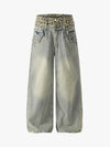 Denim Wide Leg Pants with Leopard Waistband and Gold Hardware 