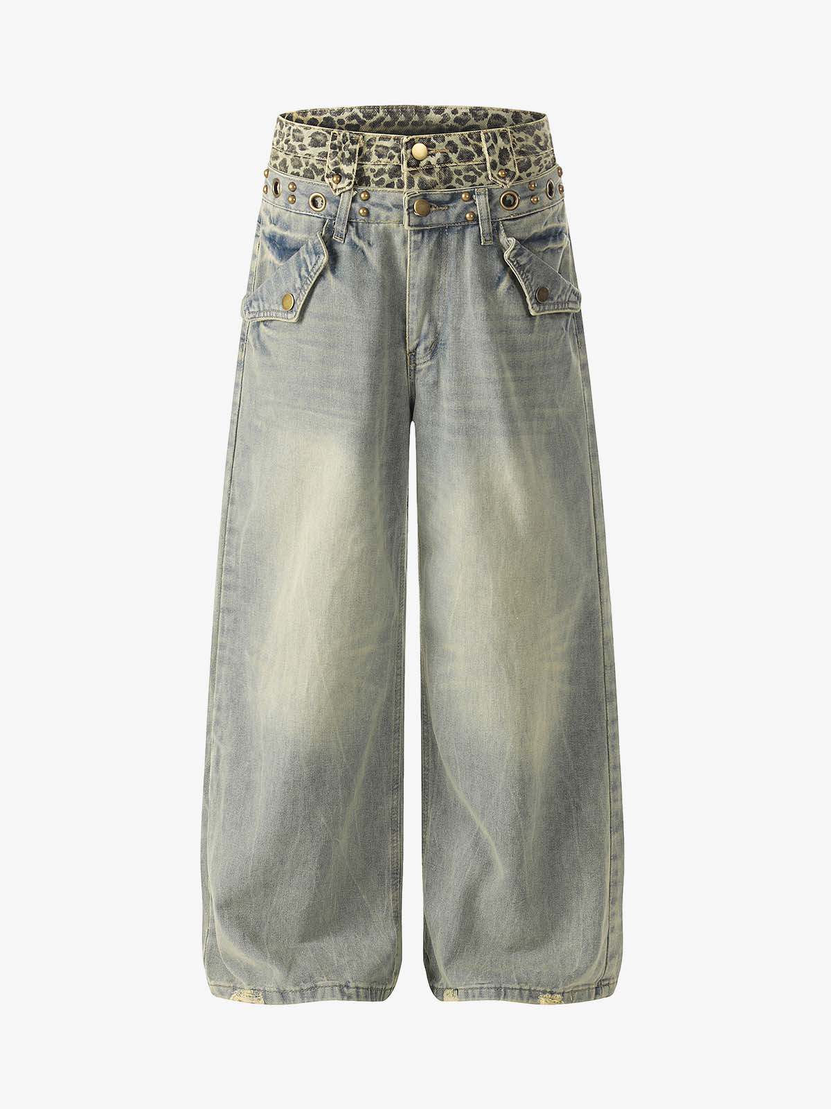 Denim Wide Leg Pants with Leopard Waistband and Gold Hardware 