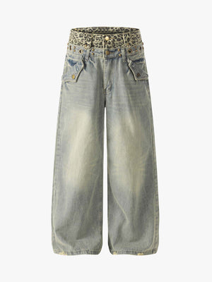 Denim Wide Leg Pants with Leopard Waistband and Gold Hardware 