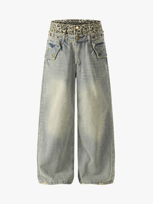 Denim Wide Leg Pants with Leopard Waistband and Gold Hardware 