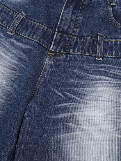 Distressed Washed Workwear Denim Shirt And Jorts Set 
