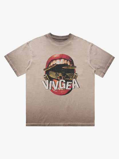 Retro Distressed Snake Scorpion Lips Print T-shirt 