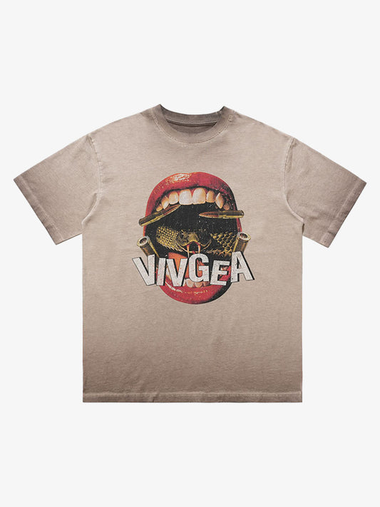 Retro Distressed Snake Scorpion Lips Print T-shirt 