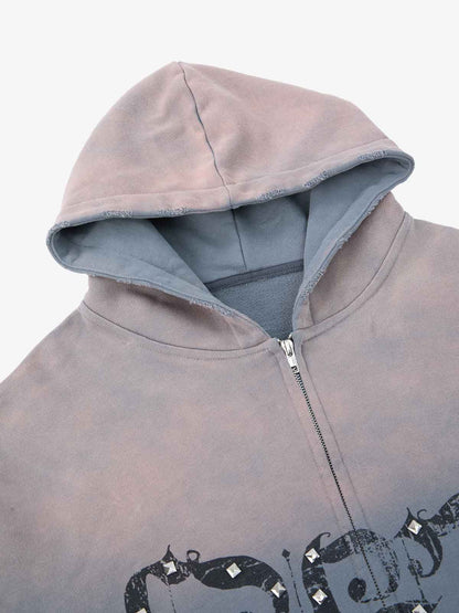 Supermade Vintage Distressed Studded Gothic Font Zipper Sweatshirt 