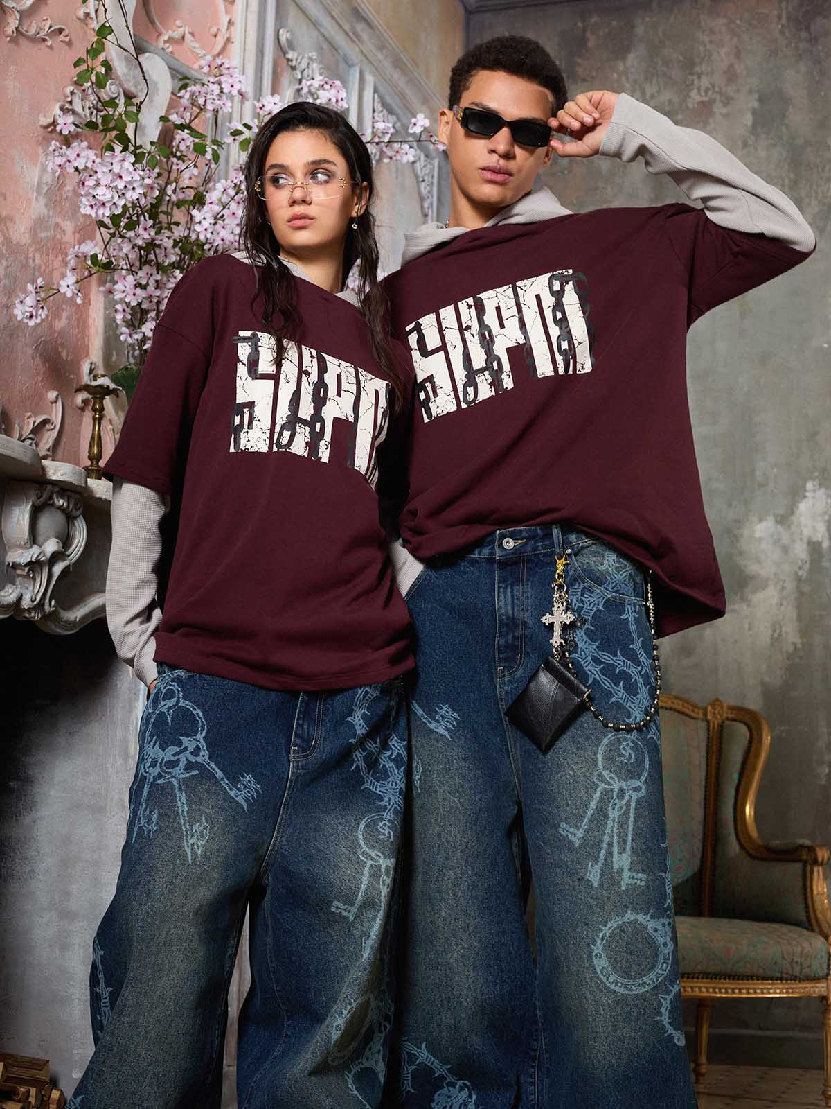 SUPM Chain Print Color Block Faux Two-Piece Hooded Long-Sleeve T-Shirt 