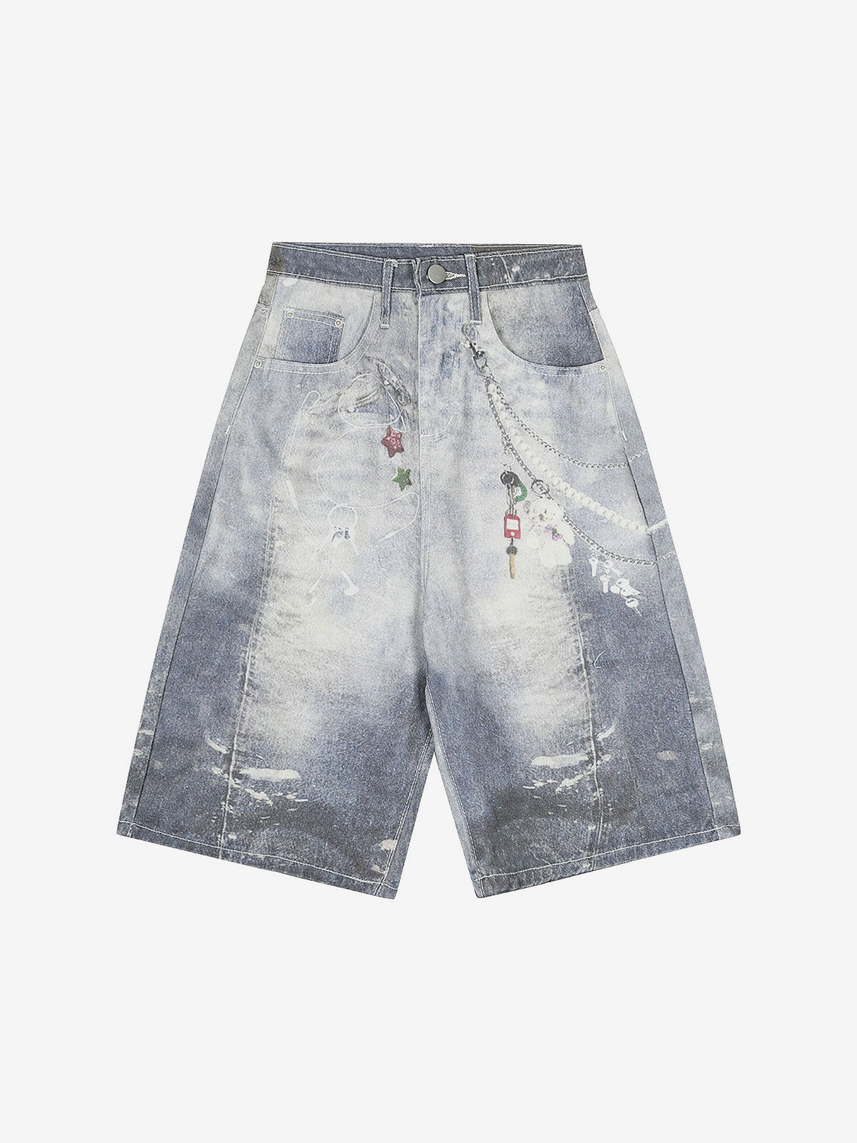 Thesupermade American Street 3D Print Retro Washed Denim Shorts 