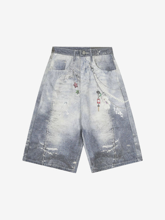 Thesupermade American Street 3D Print Retro Washed Denim Shorts 