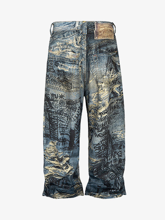 Ripped Holes Torn Optical Printed Jeans 