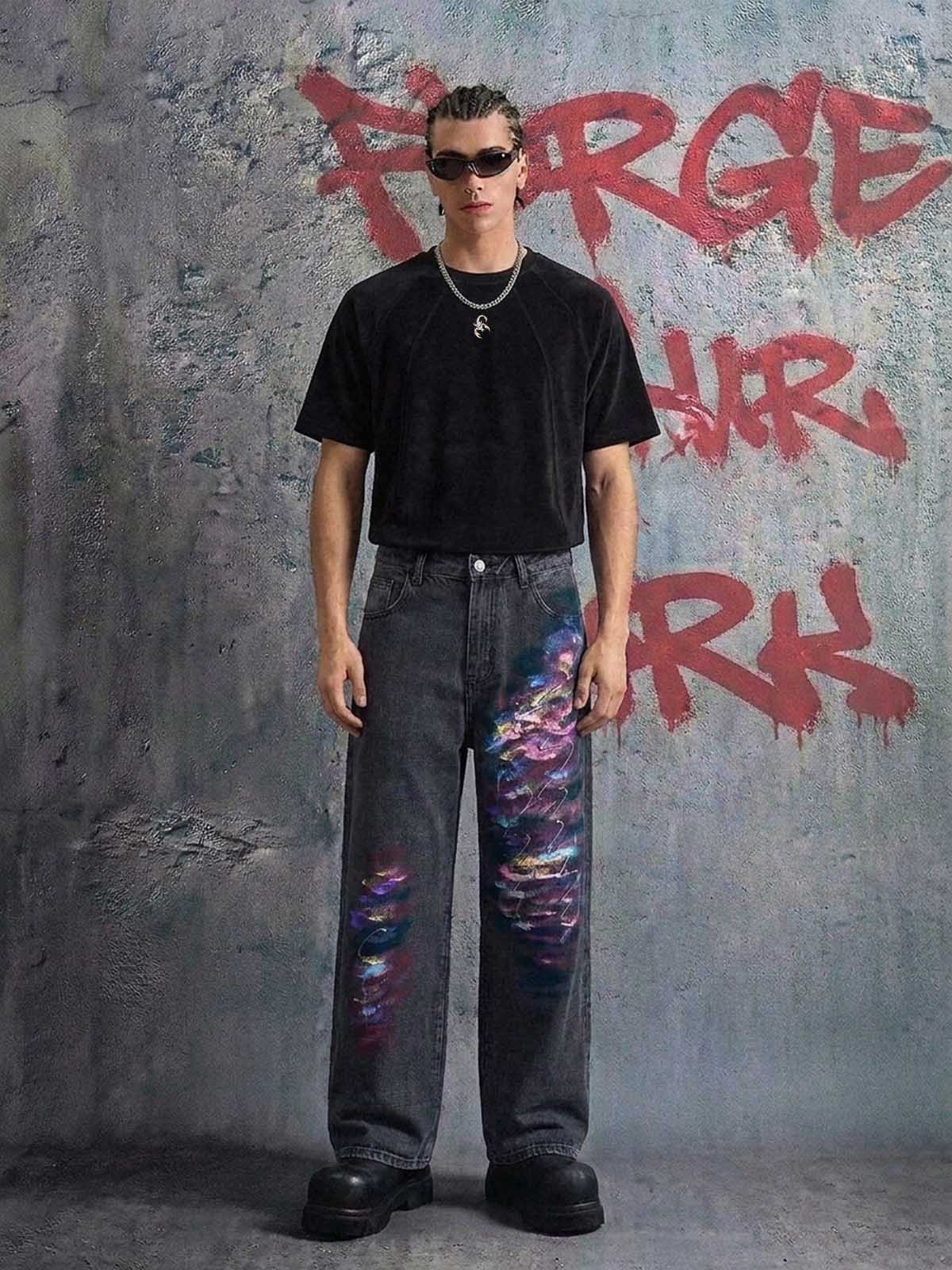 Jean rétro délavé à imprimé graffiti coloré