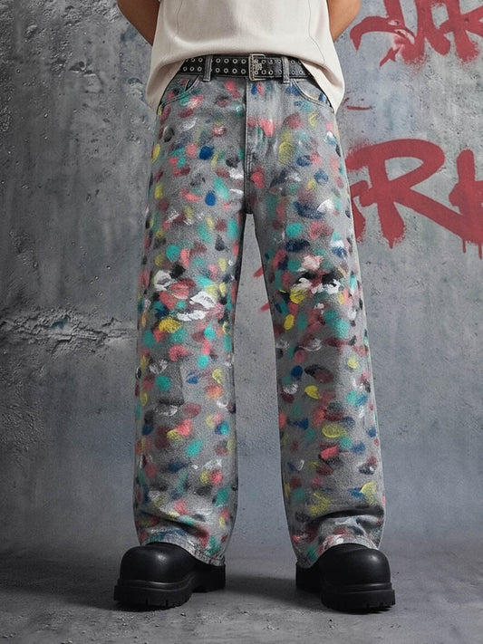Hand-Painted Frayed Wide Leg Jeans 
