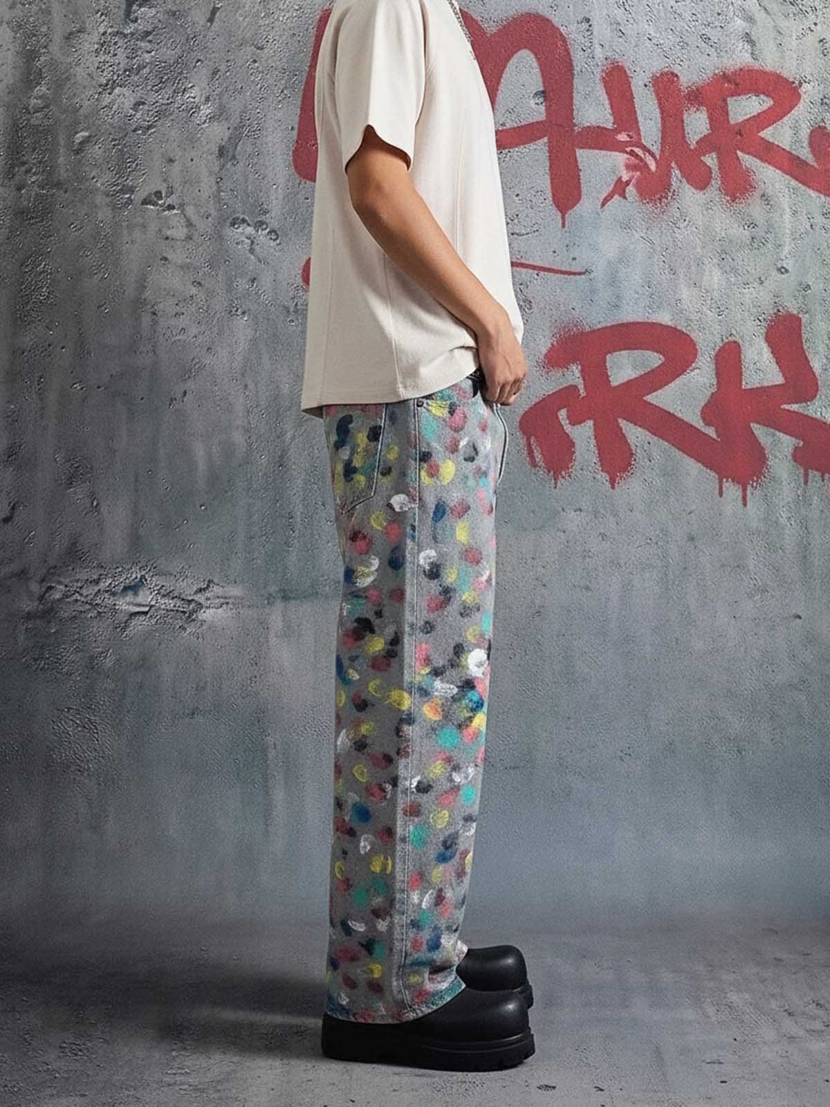 Hand-Painted Frayed Wide Leg Jeans 