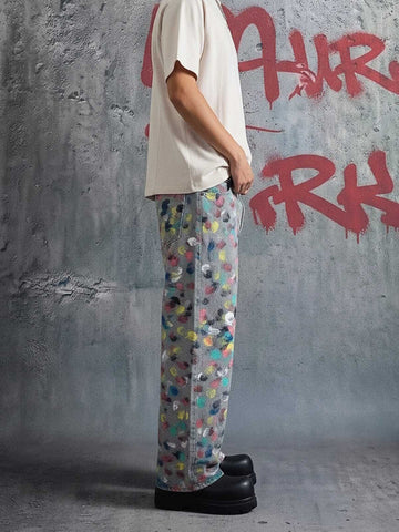 Hand-Painted Frayed Wide Leg Jeans 