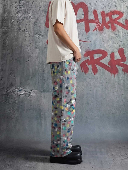 Hand-Painted Frayed Wide Leg Jeans 