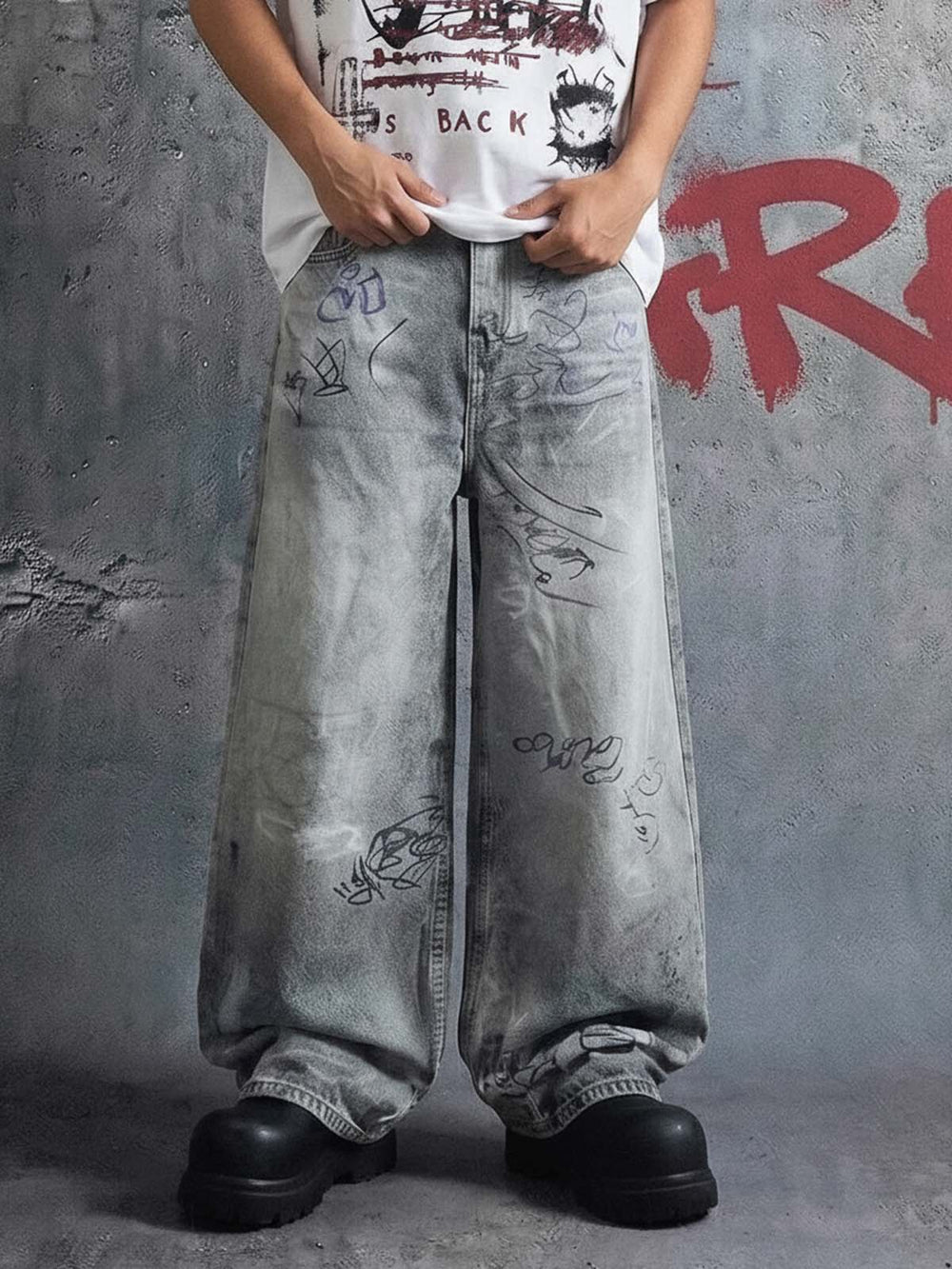 Hand Drawn Scribble Print Baggy Jeans 