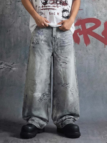 Hand Drawn Scribble Print Baggy Jeans 