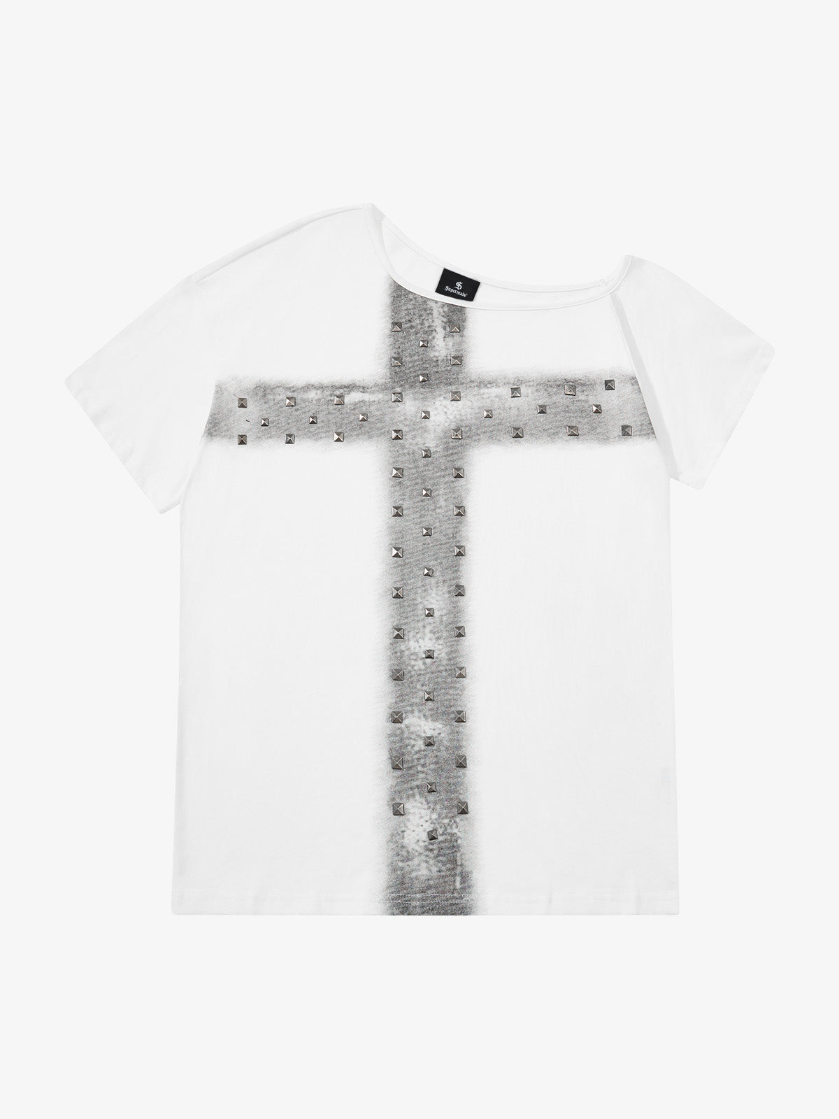 Black Cotton T-Shirt with Silver Studs and Bleach Spray Graphic