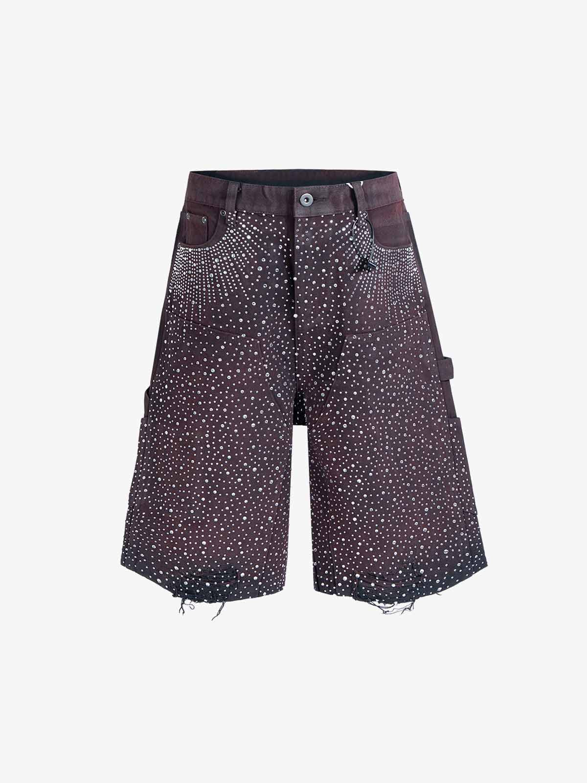 Studded Denim Cargo Shorts for Men with Rhinestone Embellishment, Fashionable Streetwear Style, Distressed Hem Design 
