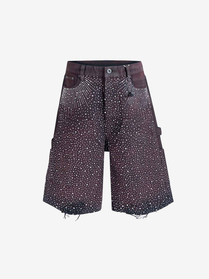 Studded Denim Cargo Shorts for Men with Rhinestone Embellishment, Fashionable Streetwear Style, Distressed Hem Design 