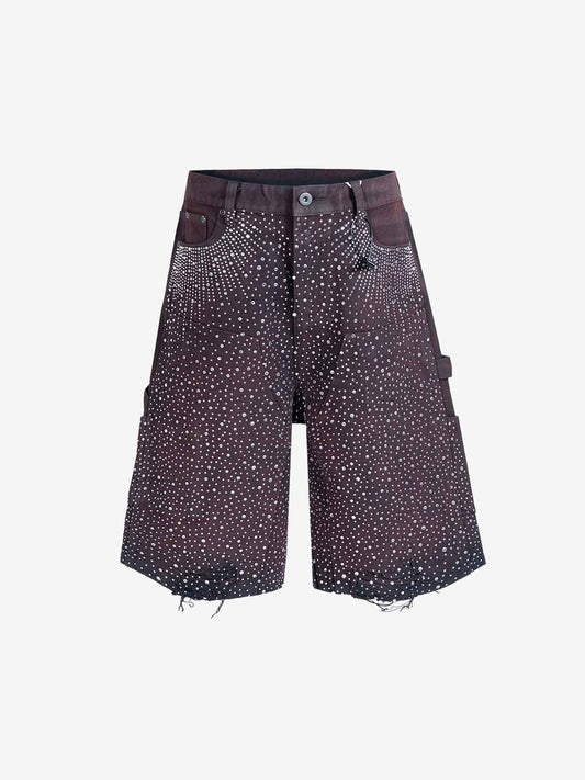 Studded Denim Cargo Shorts for Men with Rhinestone Embellishment, Fashionable Streetwear Style, Distressed Hem Design 