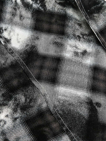 Washed Cotton Plaid Long Sleeve Shirt with Distressed Pattern and Chest Pocket 