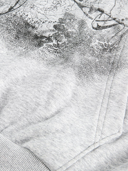 Thesupermade Detachable Fur Collar Half-zip Printed Hooded Cardigan Sweatshirt 