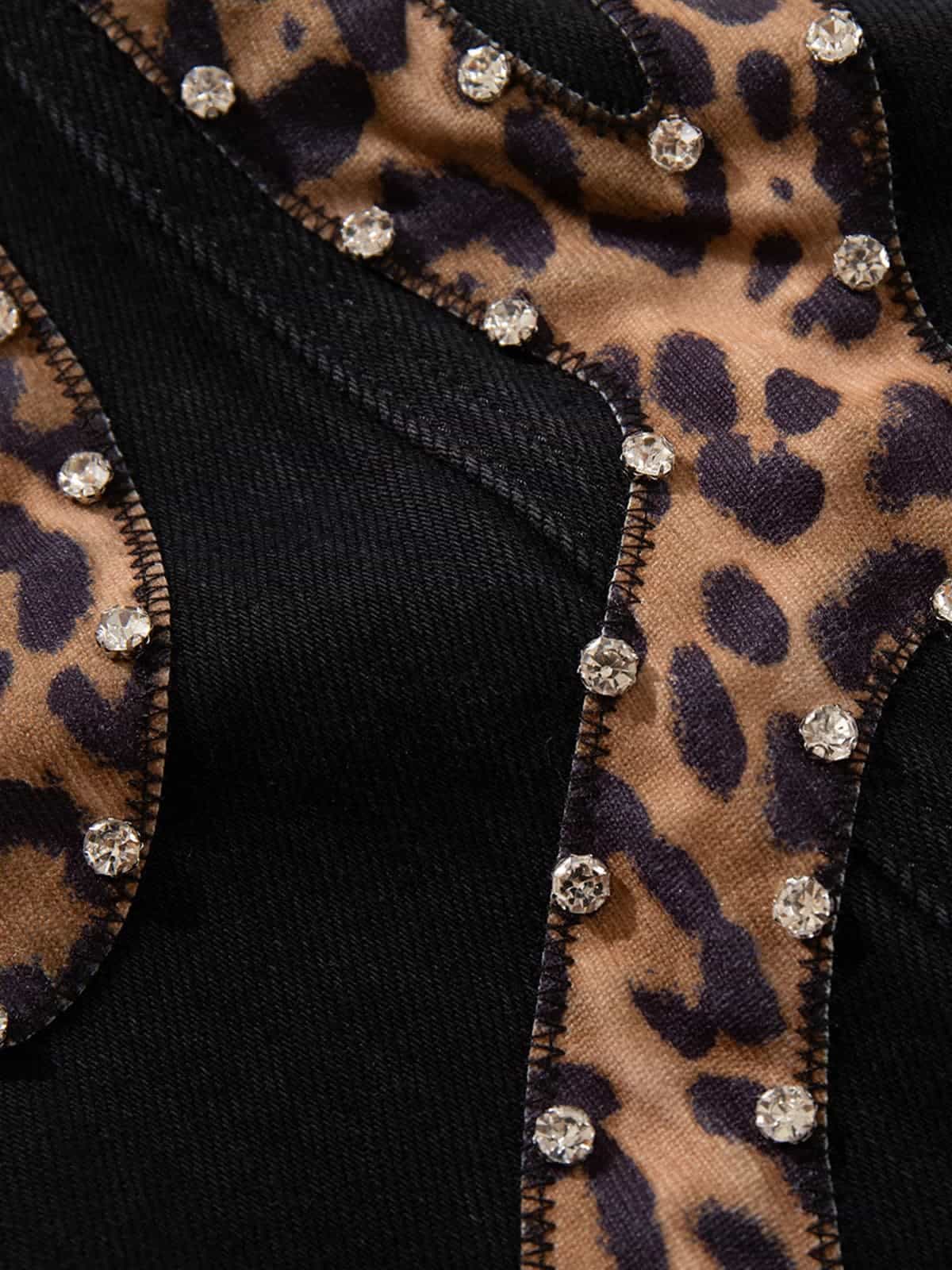 Retro Rhinestone Leopard Patch Music Note Straight Jeans 