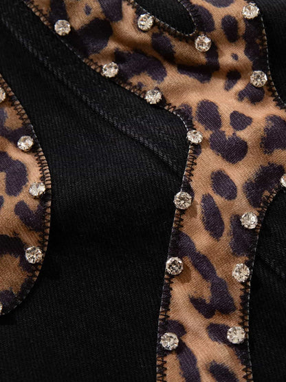 Retro Rhinestone Leopard Patch Music Note Straight Jeans 