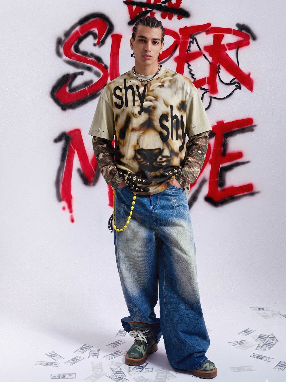 Grunge Graphic Fake Layer Camo Sleeve T-Shirt 