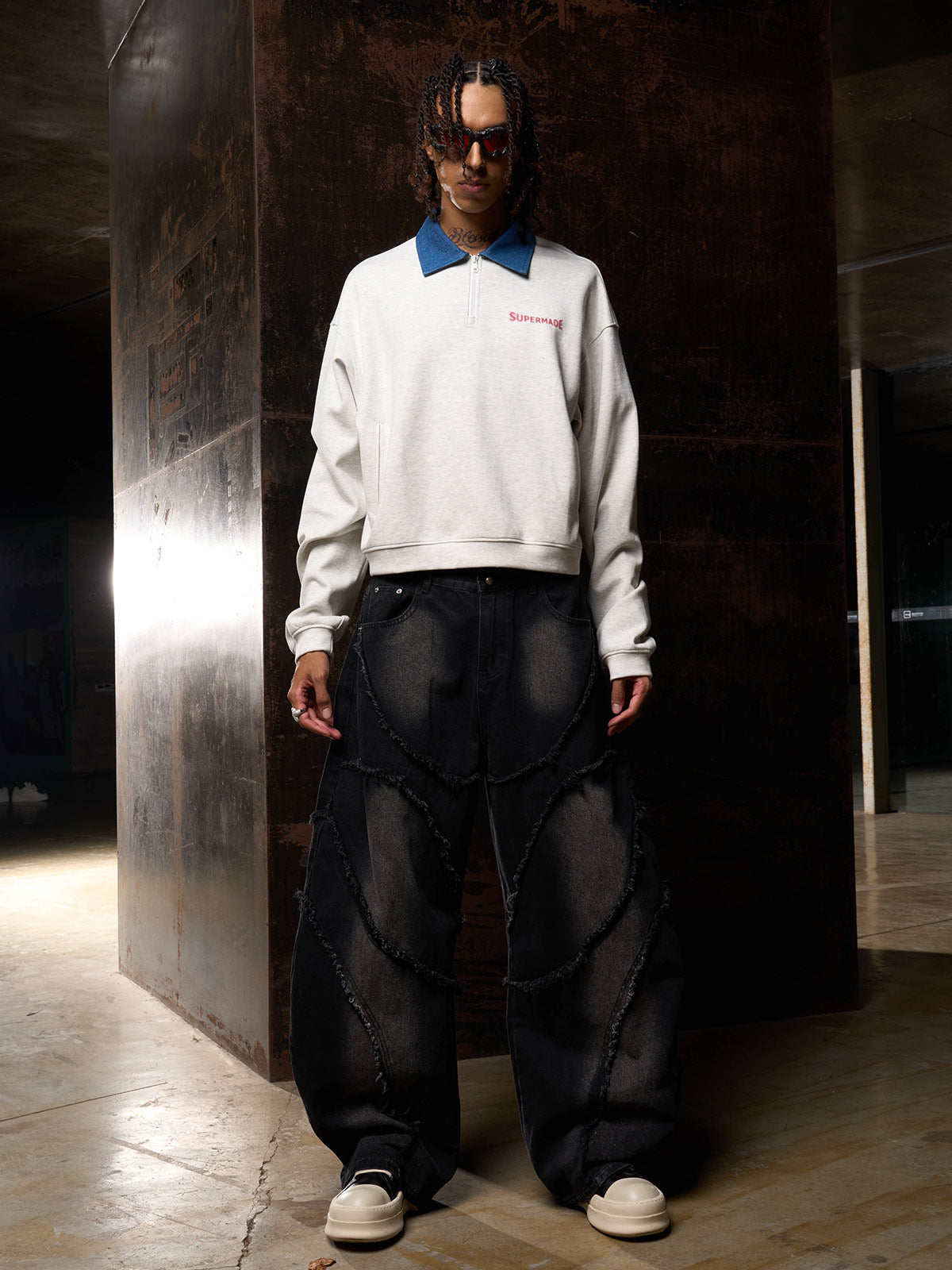 Original Denim Lapel Patchwork Sweatshirt 