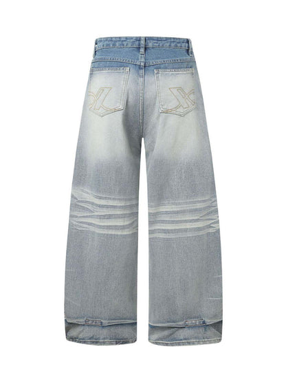 Distressed Washed Whisker Pleated Barrel Jeans 